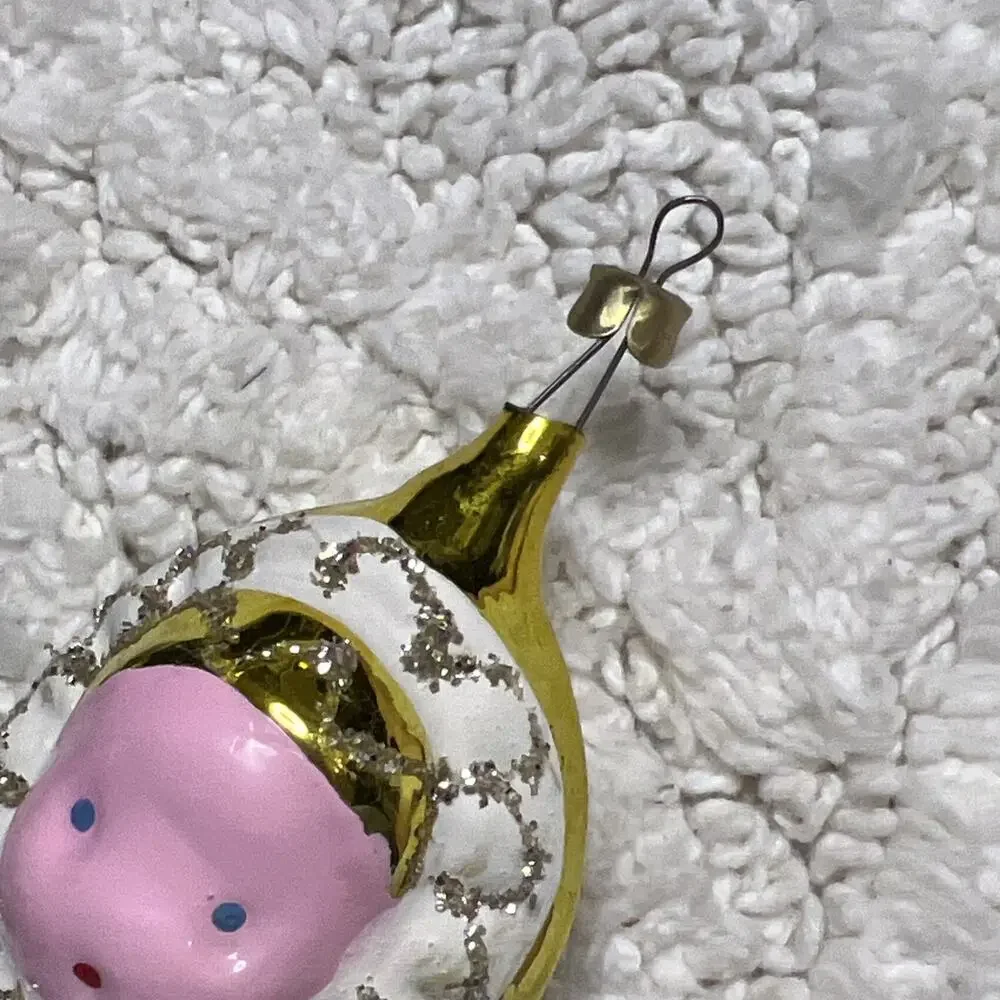 Vintage Hand Blown Glass Baby Swaddled in Blanket Bow Gold Christmas Ornament